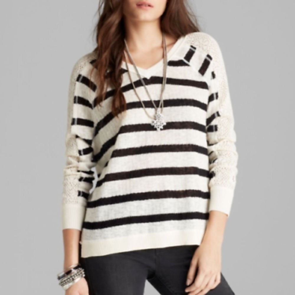 Free People We the Free Fluffy Lou Swit Striped V-Neck Oversized Knit Sweater XS